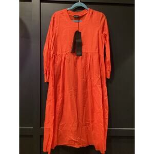 Aequamente Scoop Neck long sleeve 100% cotton red orange Midi Dress S 36